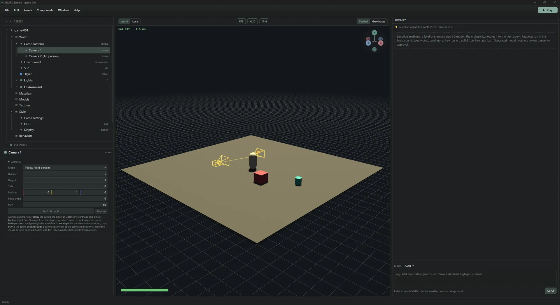 The NJORD Engine editor: scene tree on the left, properties below it, a grey-box level in the viewport, prompt panel on the right.
